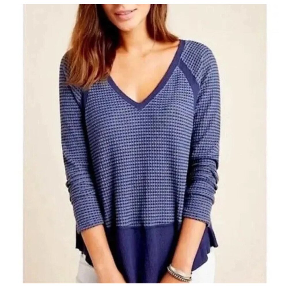 Anthropologie Eri + Ali Raglan Long-Sleeve Lightweight Waffle Tee Navy EUC - S